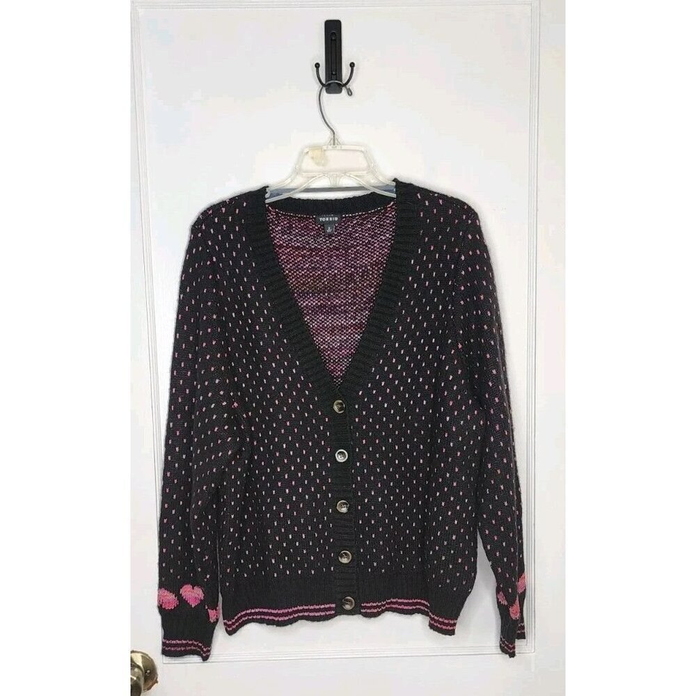 Torrid Sweater Sz 2 Black Pink Hearts Cardigan V Neck Button Front Drop Shoulder